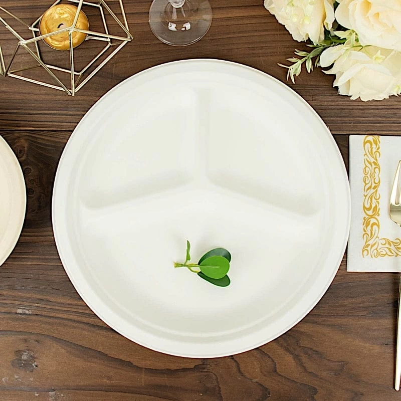 50 White 10 In Round 3 Compartment Sustainable Bagasse Disposable Dinner Plates - Image 8