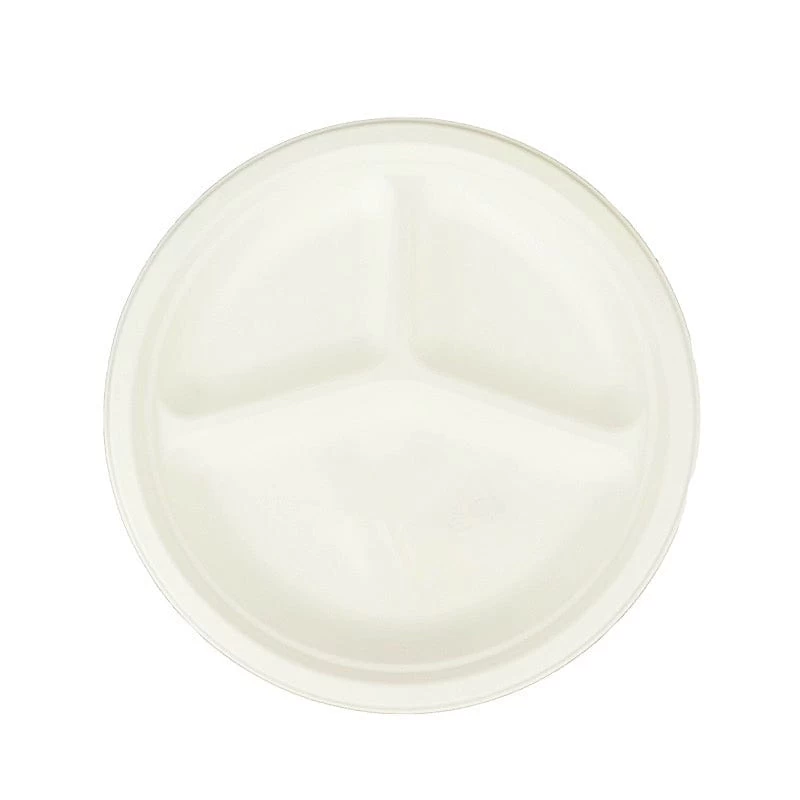 50 White 10 In Round 3 Compartment Sustainable Bagasse Disposable Dinner Plates - Image 3