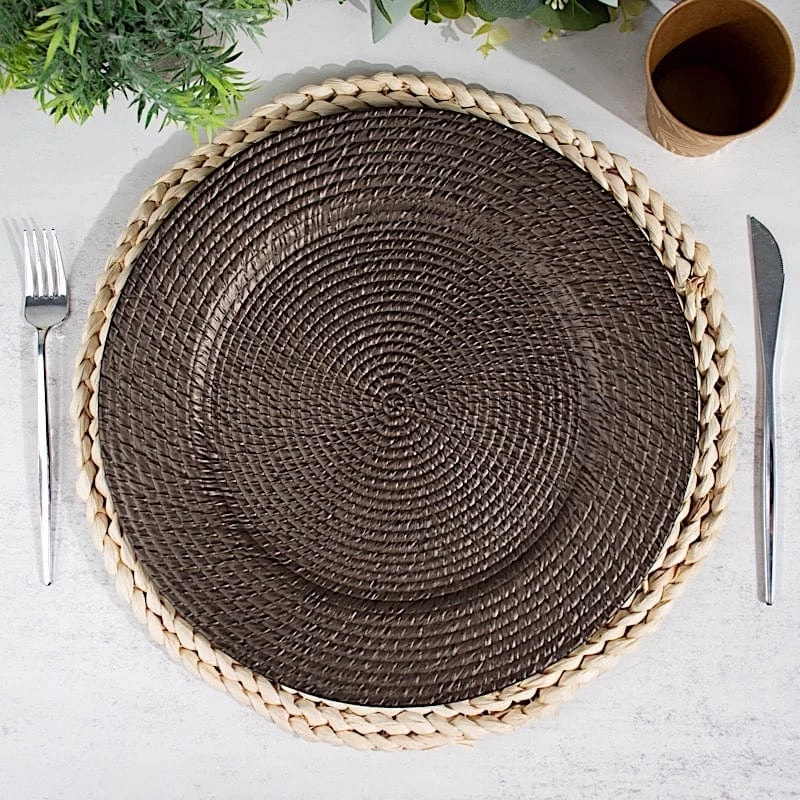 6 Brown 13 In Round Rattan-Like Plastic Charger Plates - Image 7