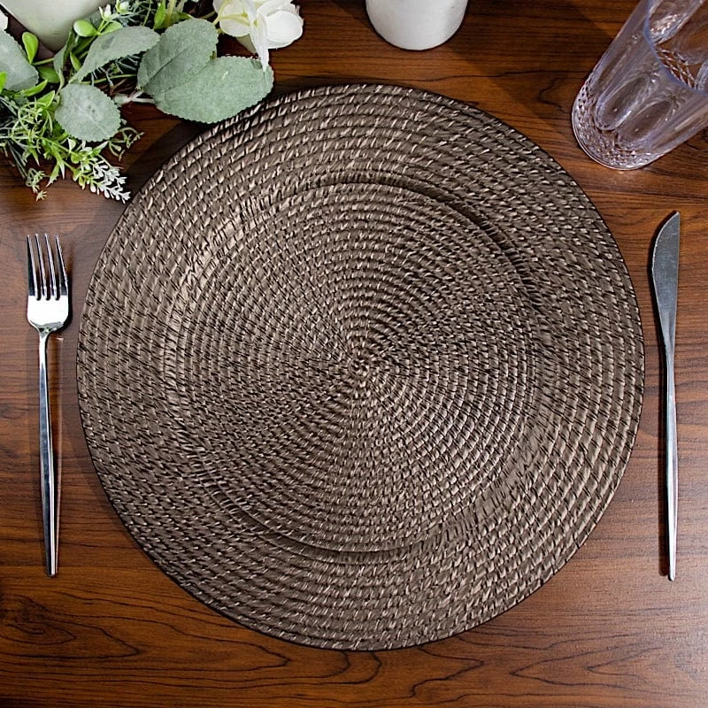6 Brown 13 In Round Rattan-Like Plastic Charger Plates - Image 11