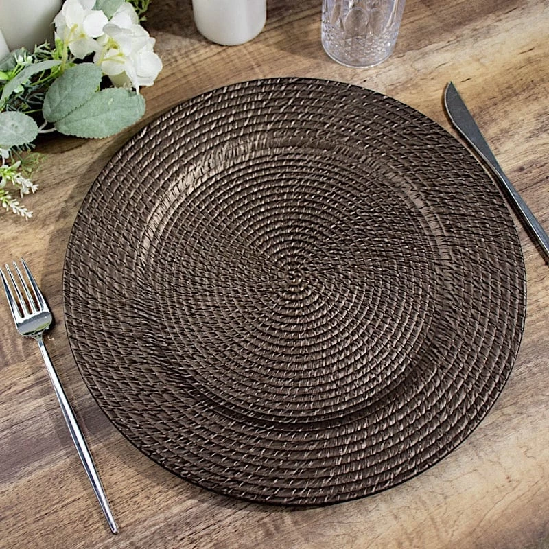 6 Brown 13 In Round Rattan-Like Plastic Charger Plates - Image 2