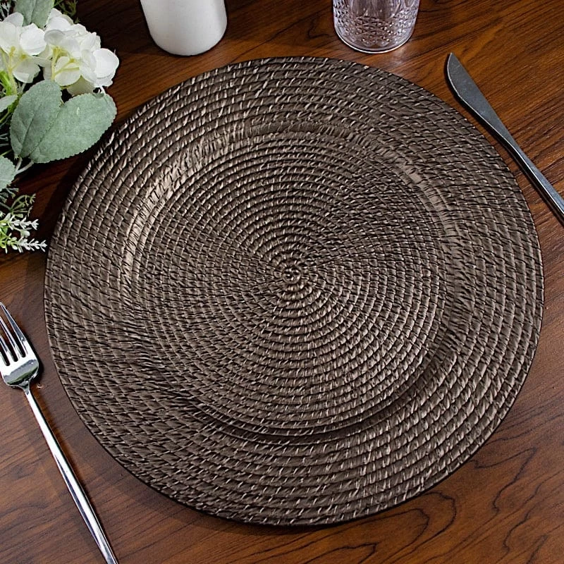 6 Brown 13 In Round Rattan-Like Plastic Charger Plates - Image 10