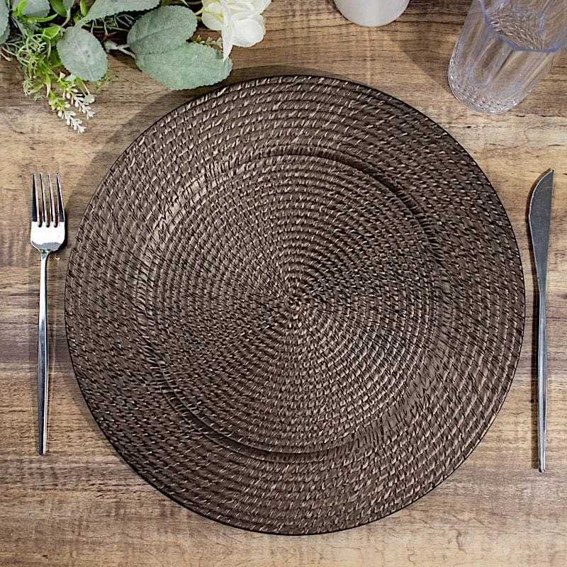 6 Brown 13 In Round Rattan-Like Plastic Charger Plates - Image 6