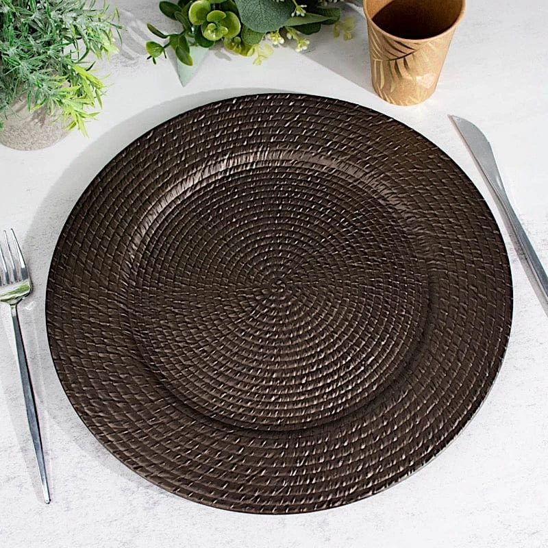 6 Brown 13 In Round Rattan-Like Plastic Charger Plates - Image 14