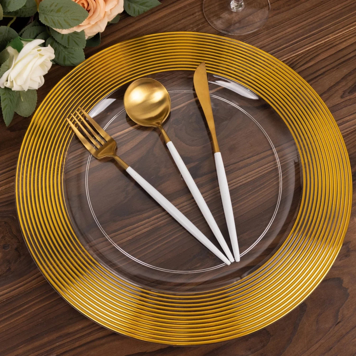 6 Clear 13" Round Plastic Charger Plates With Gold Lined Trim - Image 6