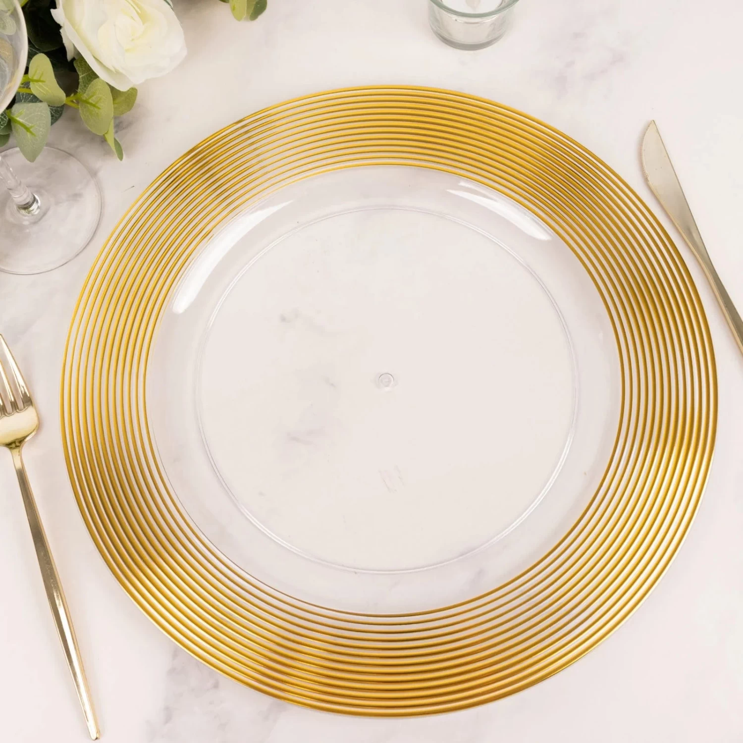 6 Clear 13" Round Plastic Charger Plates With Gold Lined Trim - Image 8