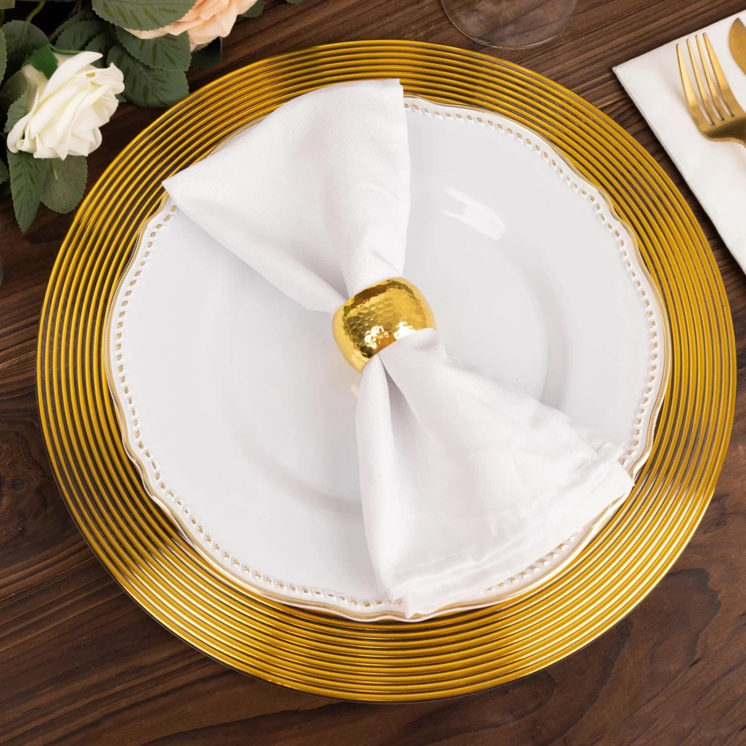 6 Clear 13" Round Plastic Charger Plates With Gold Lined Trim - Image 7