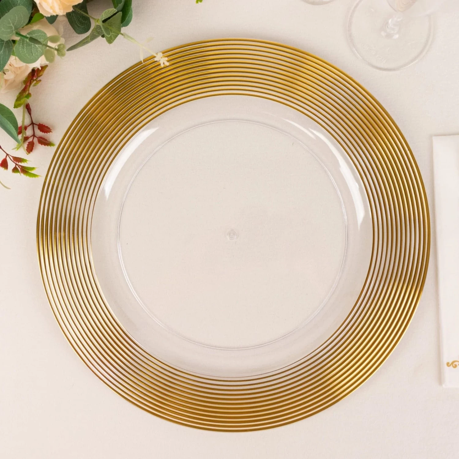 6 Clear 13" Round Plastic Charger Plates With Gold Lined Trim