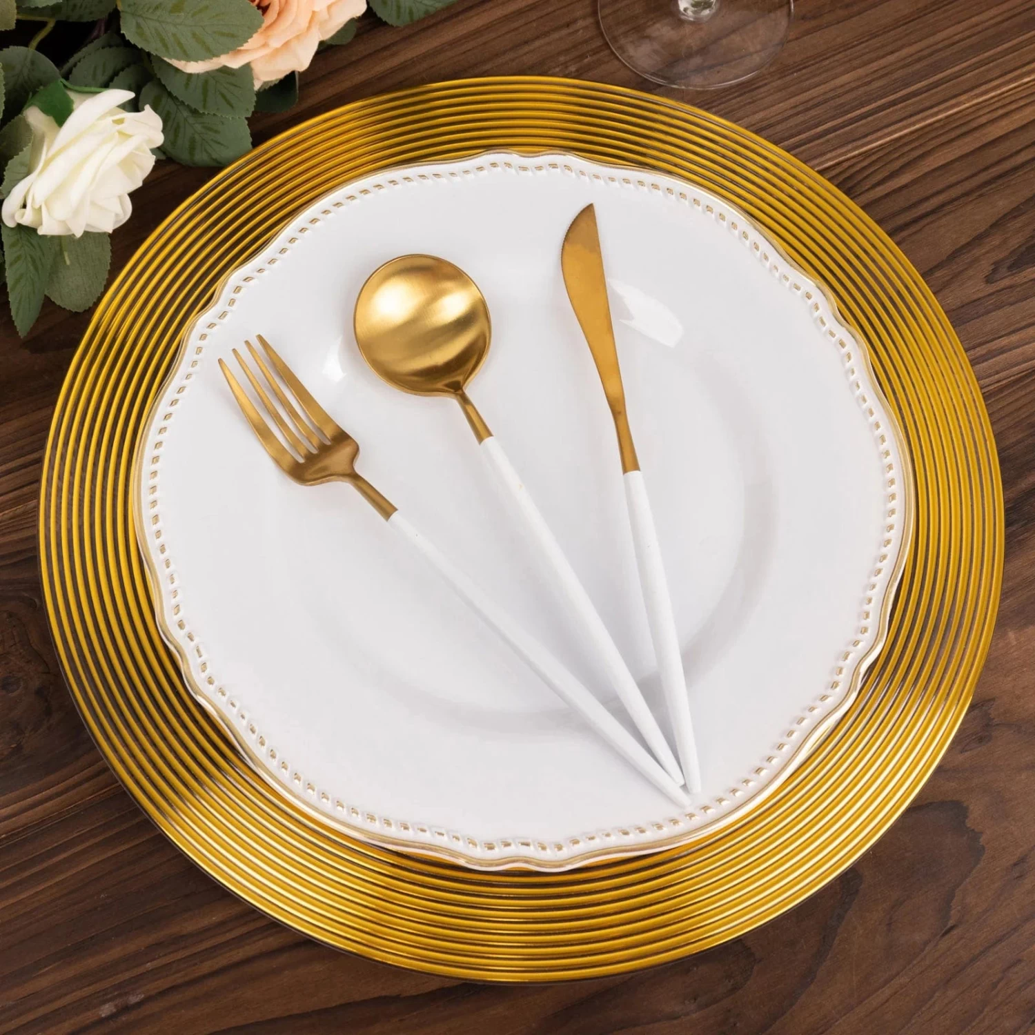 6 Clear 13" Round Plastic Charger Plates With Gold Lined Trim - Image 9