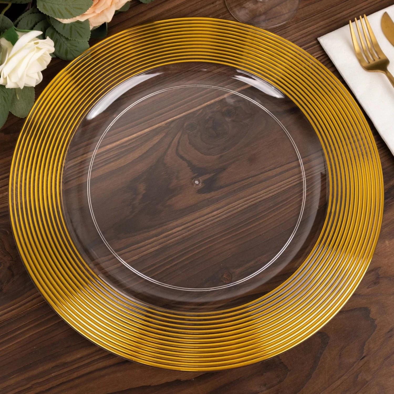 6 Clear 13" Round Plastic Charger Plates With Gold Lined Trim - Image 3