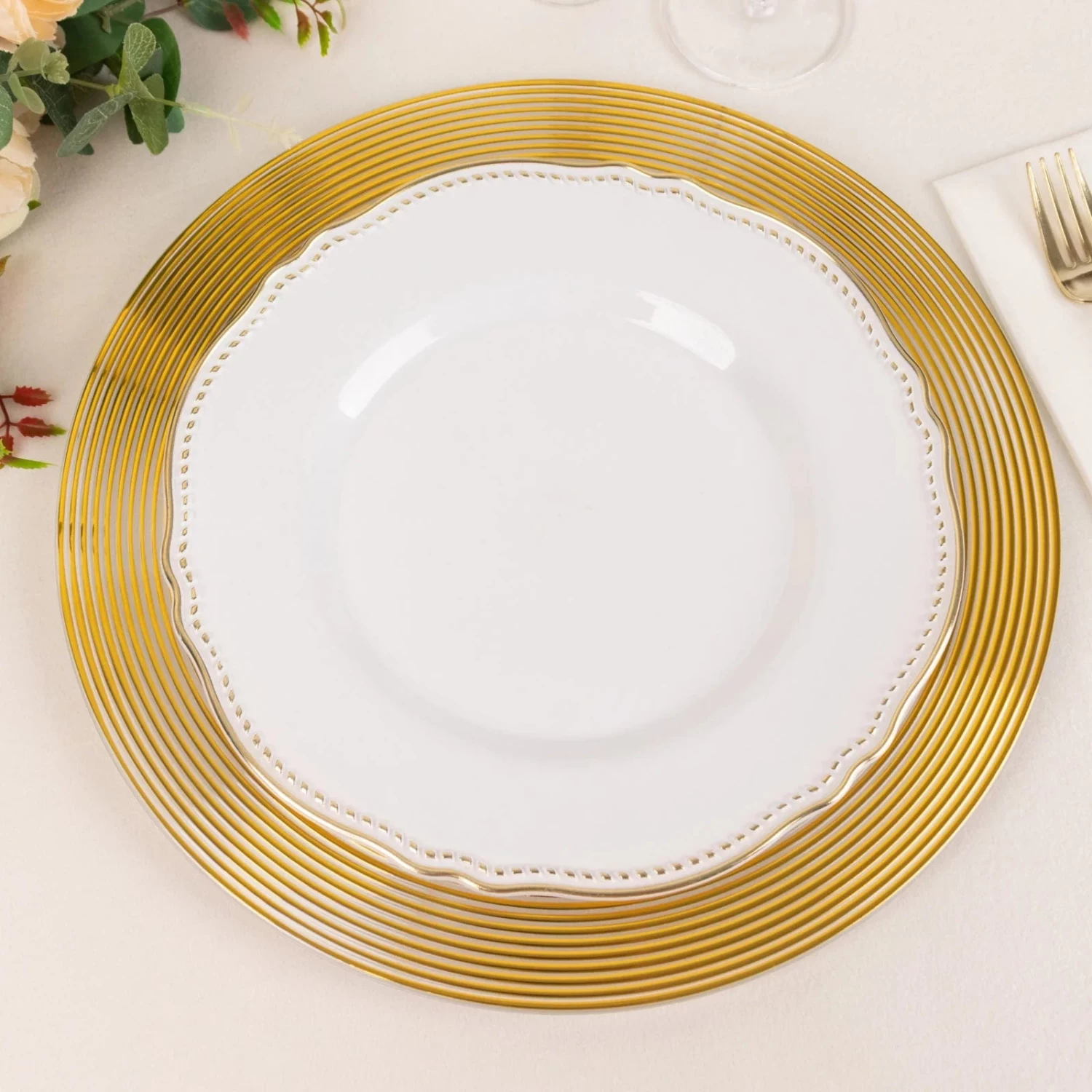 6 Clear 13" Round Plastic Charger Plates With Gold Lined Trim - Image 5