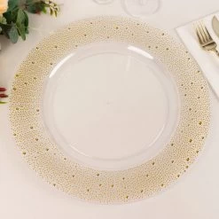 6 Clear 13" Round Plastic Charger Plates With Gold Pearl Beaded Trim