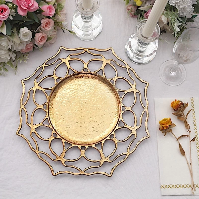 6 Gold 13" Acrylic Round Charger Plates Flower Cutout Design