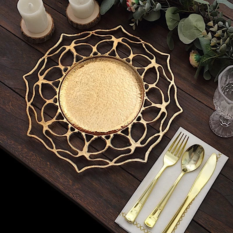 6 Gold 13" Acrylic Round Charger Plates Flower Cutout Design - Image 2