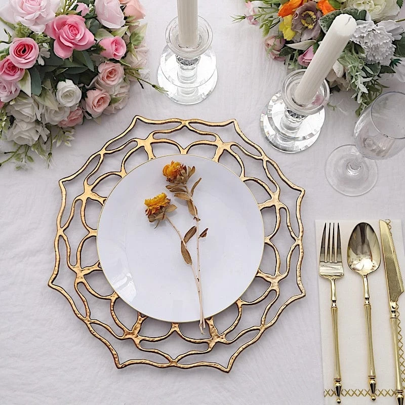 6 Gold 13" Acrylic Round Charger Plates Flower Cutout Design - Image 7