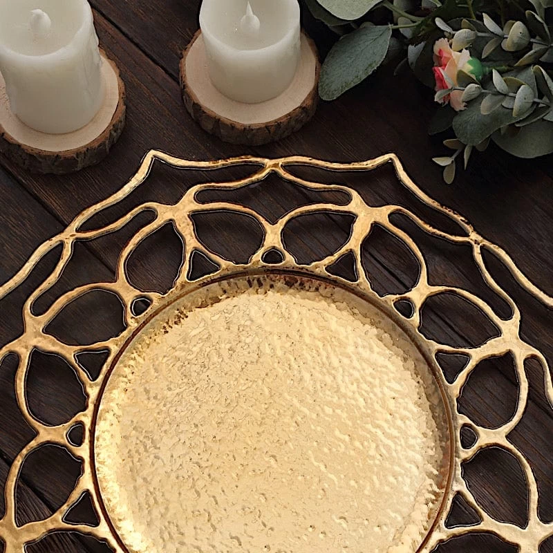 6 Gold 13" Acrylic Round Charger Plates Flower Cutout Design - Image 13