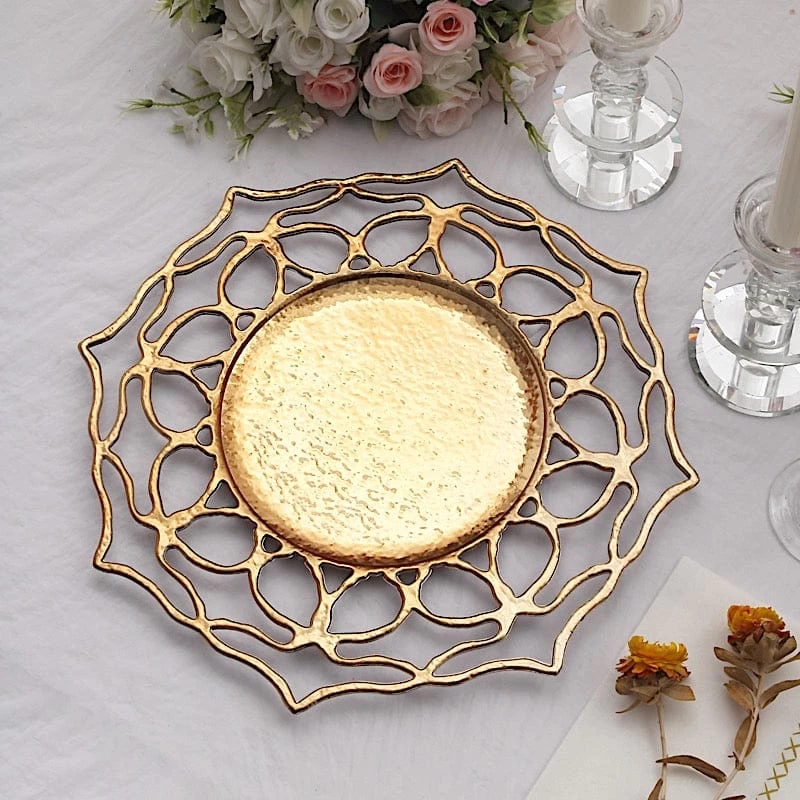 6 Gold 13" Acrylic Round Charger Plates Flower Cutout Design - Image 4