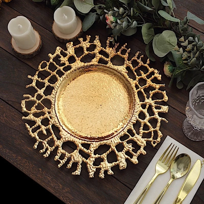 6 Gold 13" Round Plastic Charger Plates With Lace Pattern - Image 2