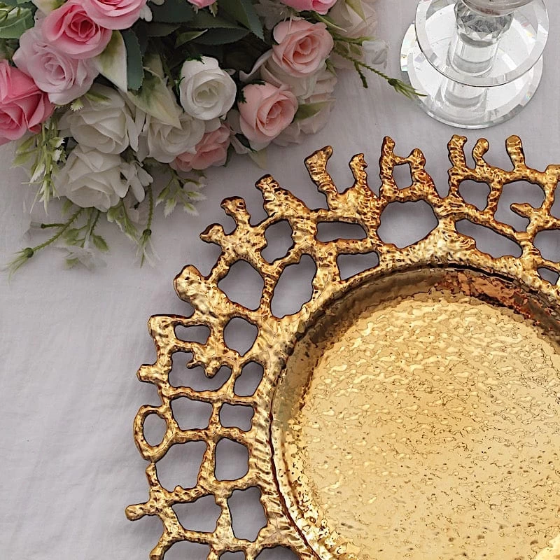 6 Gold 13" Round Plastic Charger Plates With Lace Pattern - Image 5