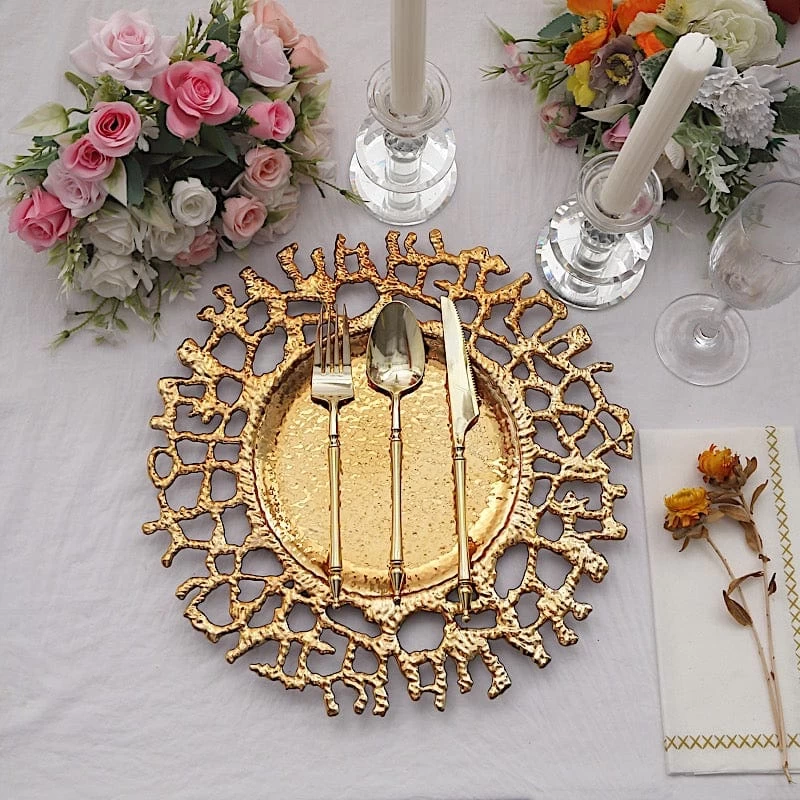 6 Gold 13" Round Plastic Charger Plates With Lace Pattern - Image 7