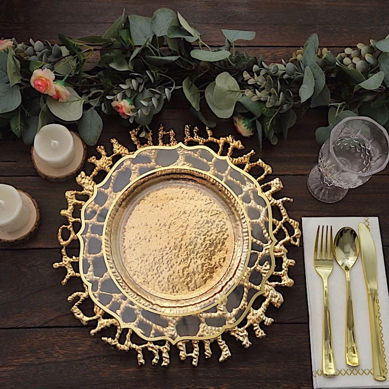 6 Gold 13" Round Plastic Charger Plates With Lace Pattern - Image 10