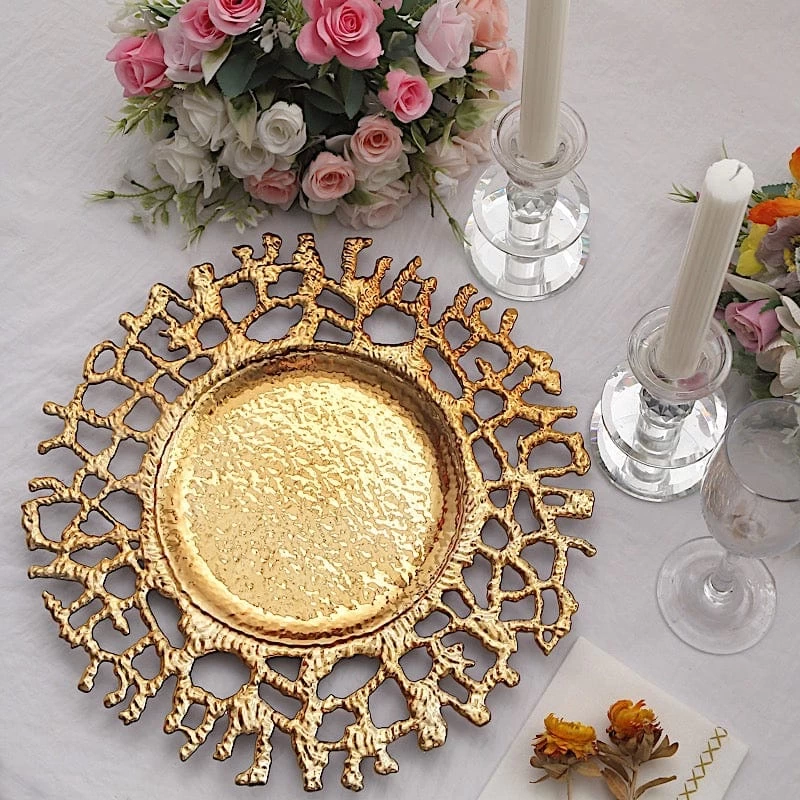 6 Gold 13" Round Plastic Charger Plates With Lace Pattern - Image 9