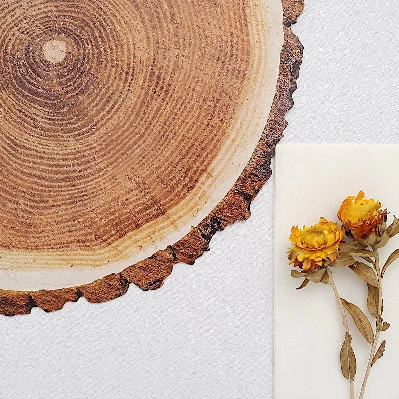 6 Natural 13 In Wood Slice Design Disposable Paper Round Charger Plates - Image 6