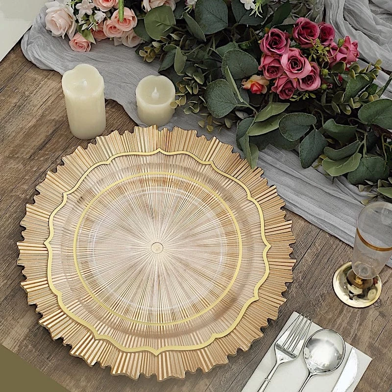 6 Metallic Gold 13 In Acrylic Round Charger Plates Sunray Design - Image 9