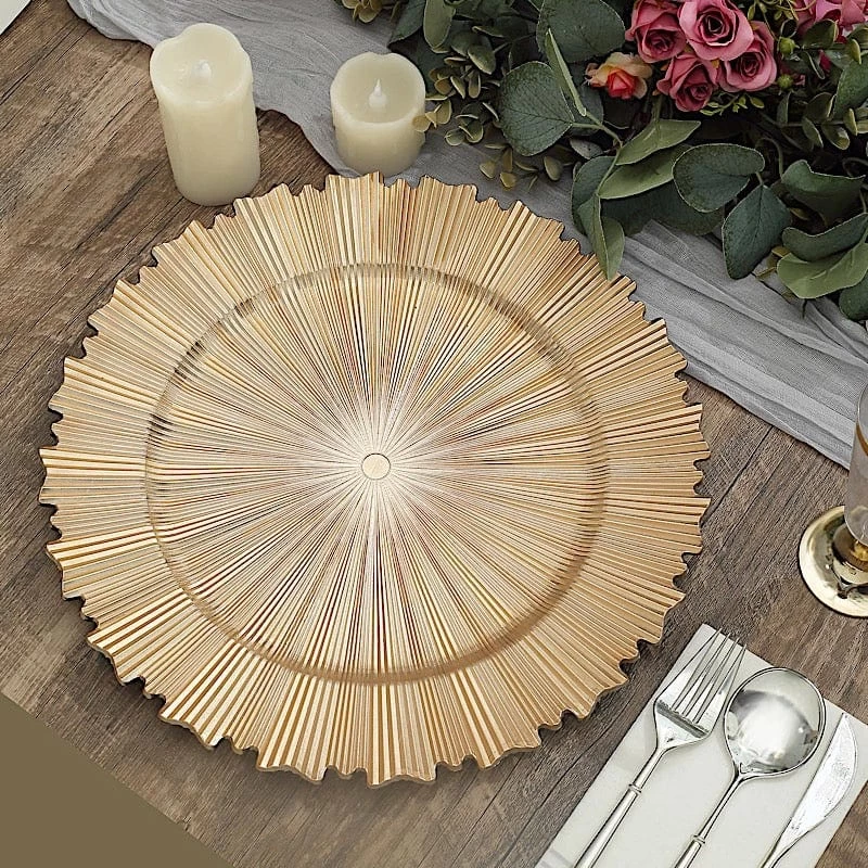 6 Metallic Gold 13 In Acrylic Round Charger Plates Sunray Design - Image 4