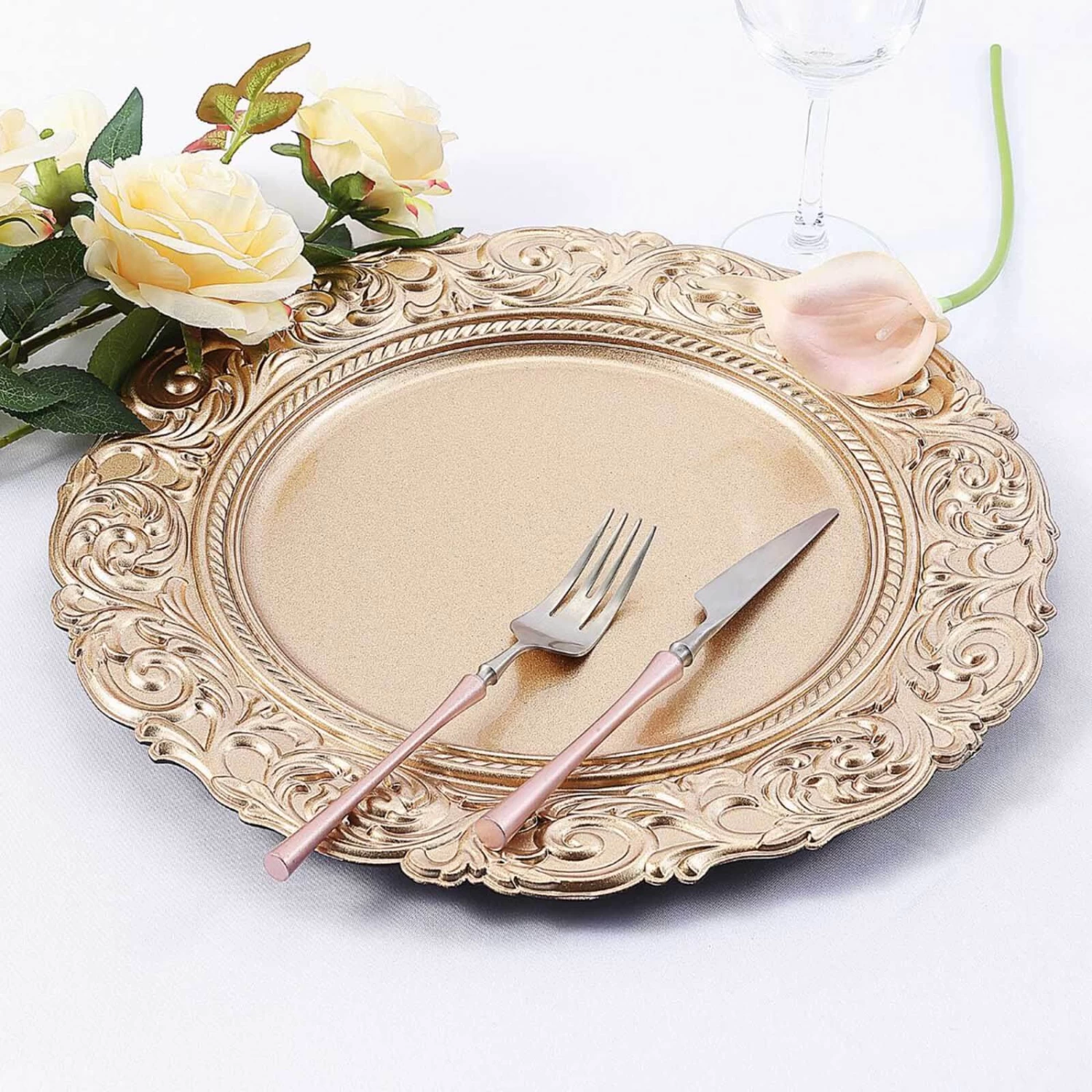 6 Pcs 14 In Metallic Round Baroque Plastic Charger Plates - Image 16