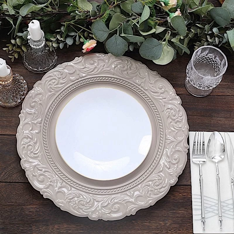 6 Pcs 14 In Metallic Round Baroque Plastic Charger Plates - Image 6