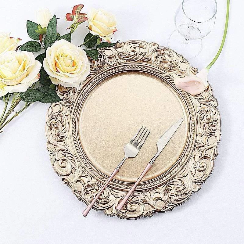 6 Pcs 14 In Metallic Round Baroque Plastic Charger Plates - Image 9
