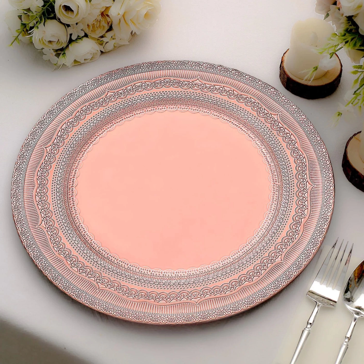 6 Round 13 In Acrylic Plastic Charger Plates With Lace Embossed Trim - Image 11