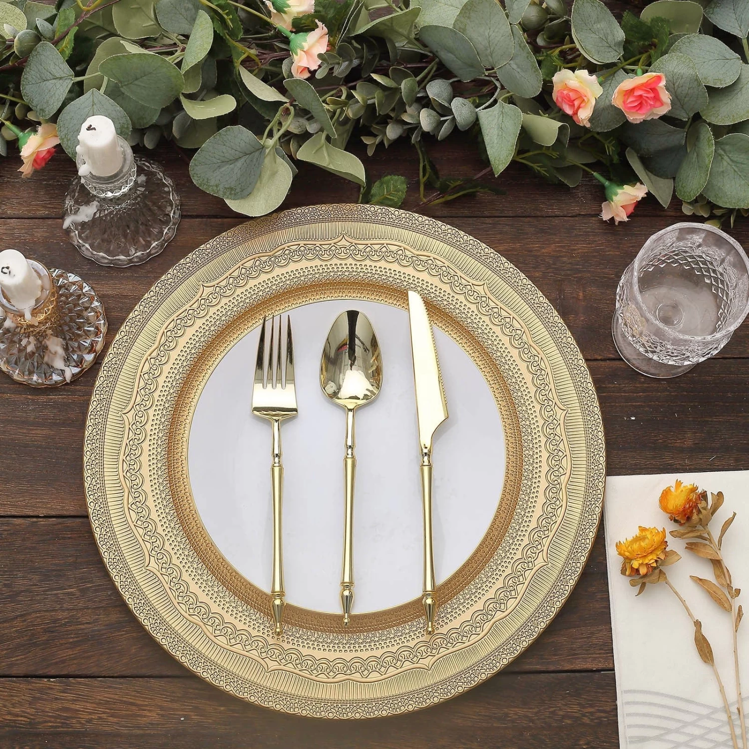 6 Round 13 In Acrylic Plastic Charger Plates With Lace Embossed Trim - Image 6