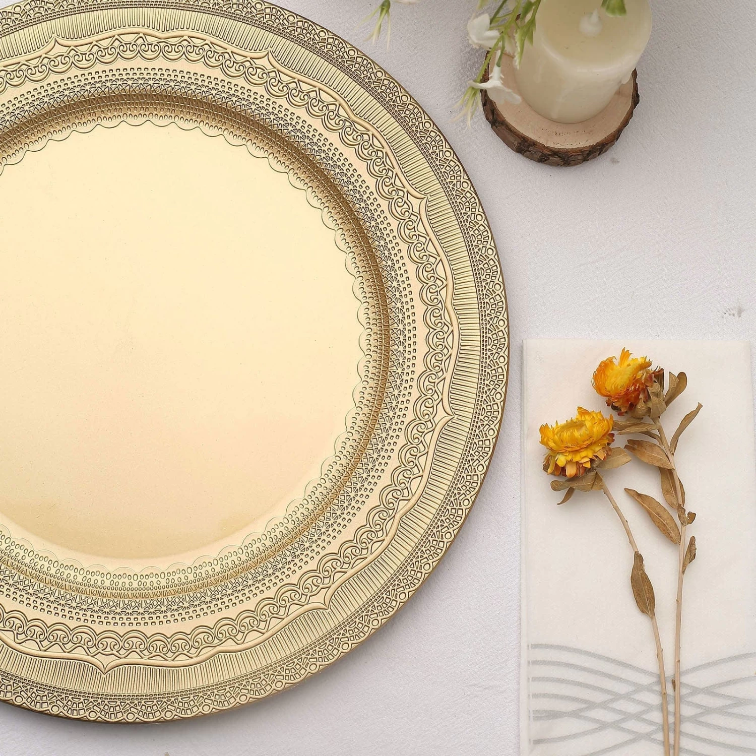 6 Round 13 In Acrylic Plastic Charger Plates With Lace Embossed Trim - Image 10