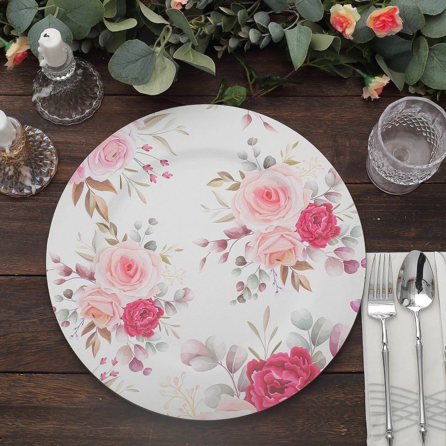 6 Round 13 In Plastic Charger Plates With Assorted Rose Flower Design - Image 3