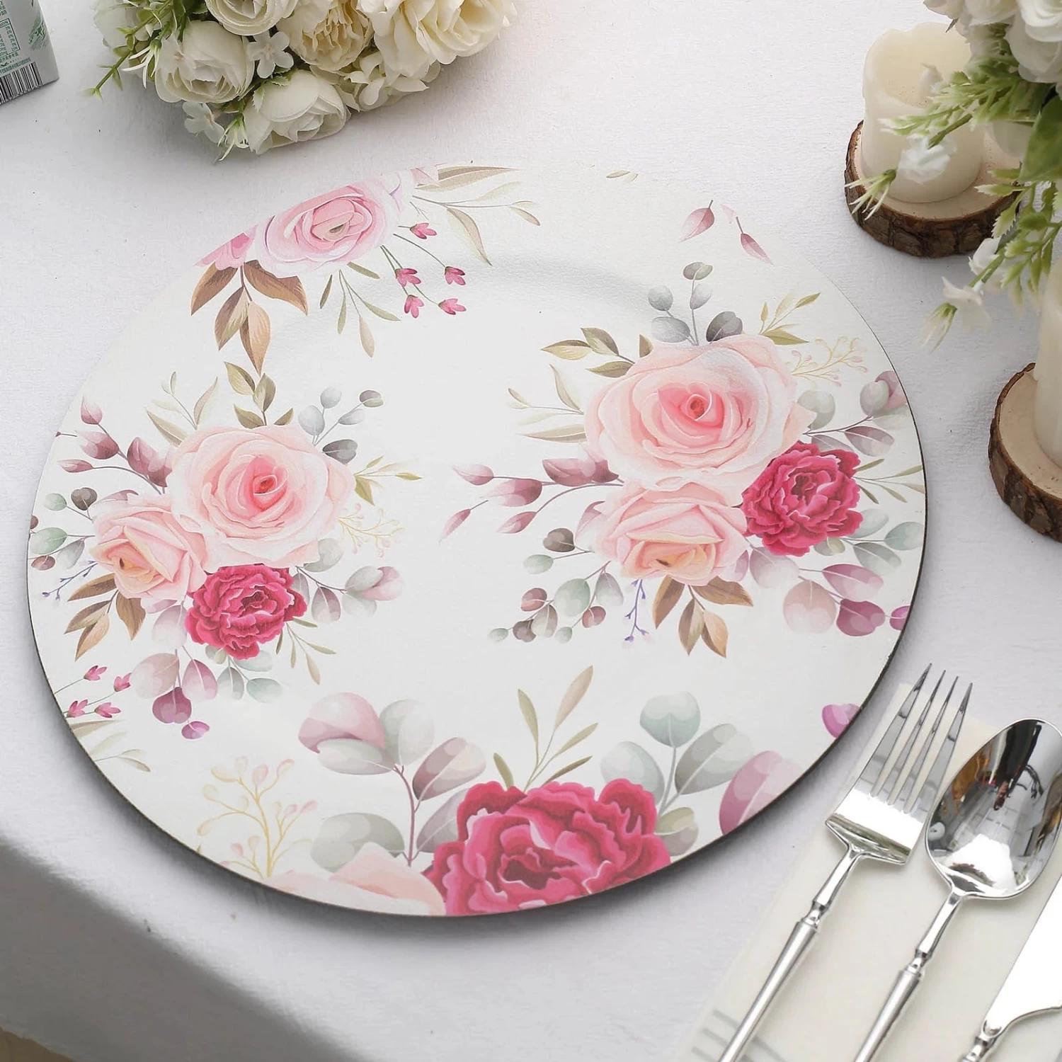 6 Round 13 In Plastic Charger Plates With Assorted Rose Flower Design - Image 2