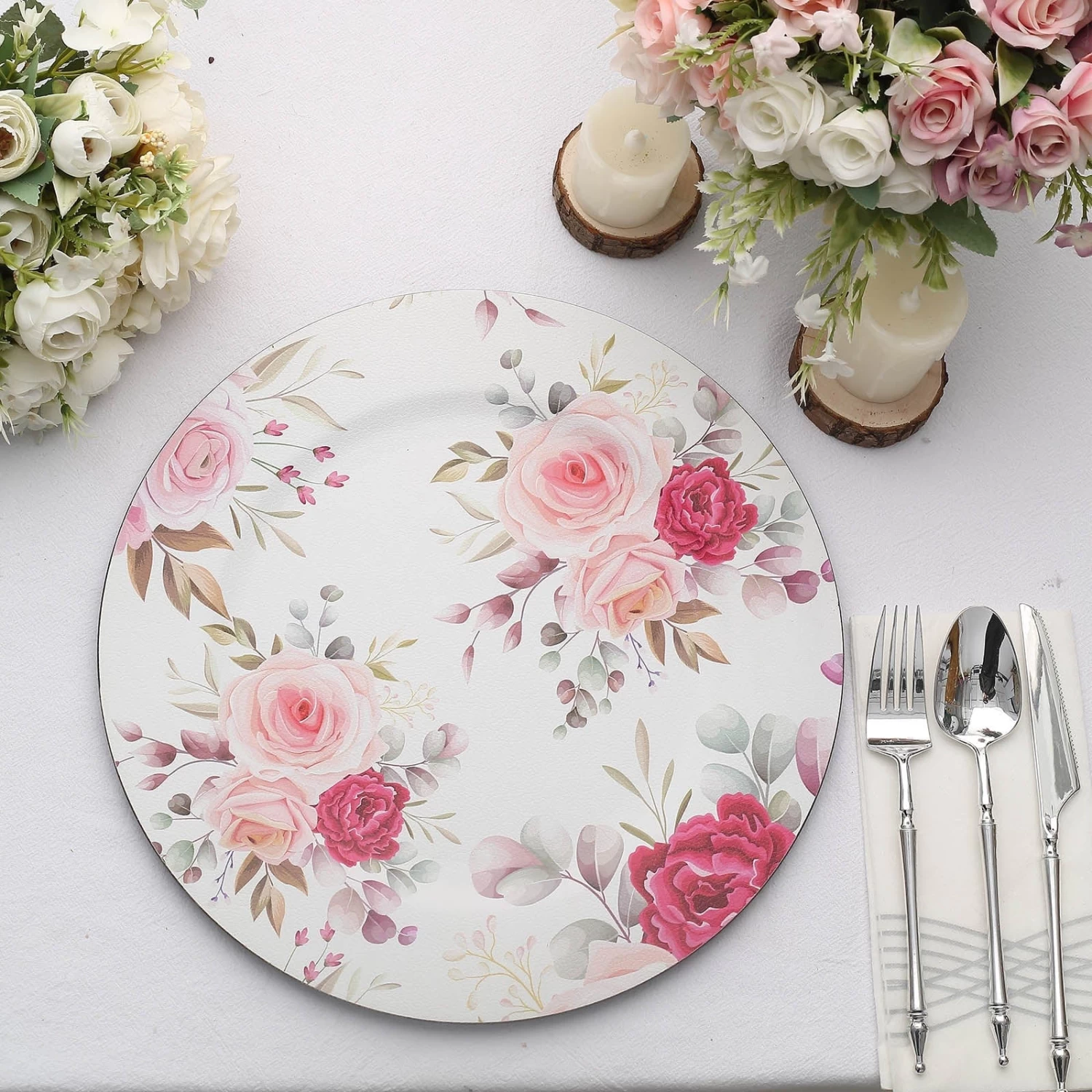 6 Round 13 In Plastic Charger Plates With Assorted Rose Flower Design