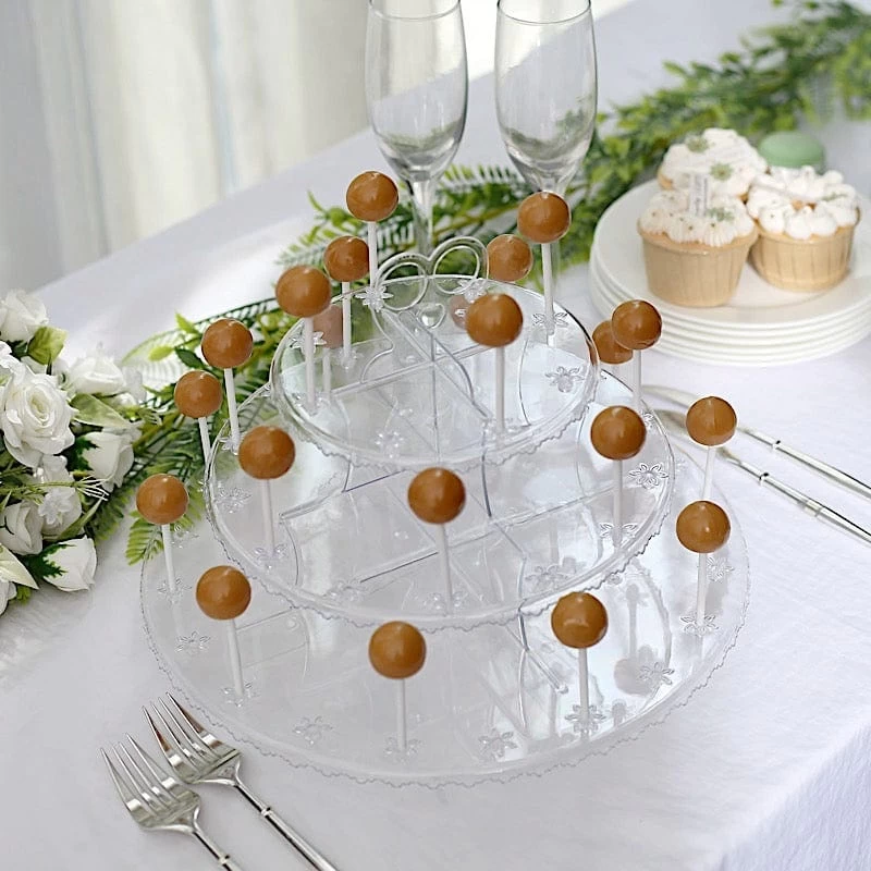 12 In Clear 3-Tier Round Plastic Cake Pop Holder Cupcake Dessert Display Stand - Image 2