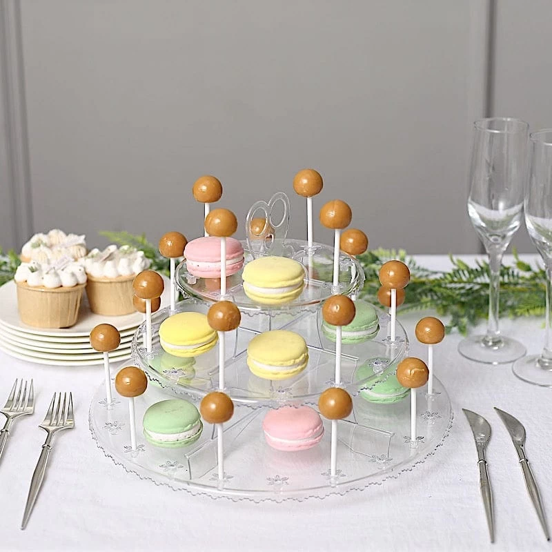 12 In Clear 3-Tier Round Plastic Cake Pop Holder Cupcake Dessert Display Stand - Image 3
