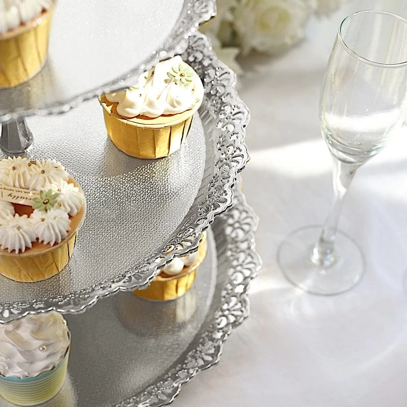 15 In Metallic Gold 3 Tier Plastic Cupcake Stand Round Dessert Display Tower With Lace Cut Trim - Image 19