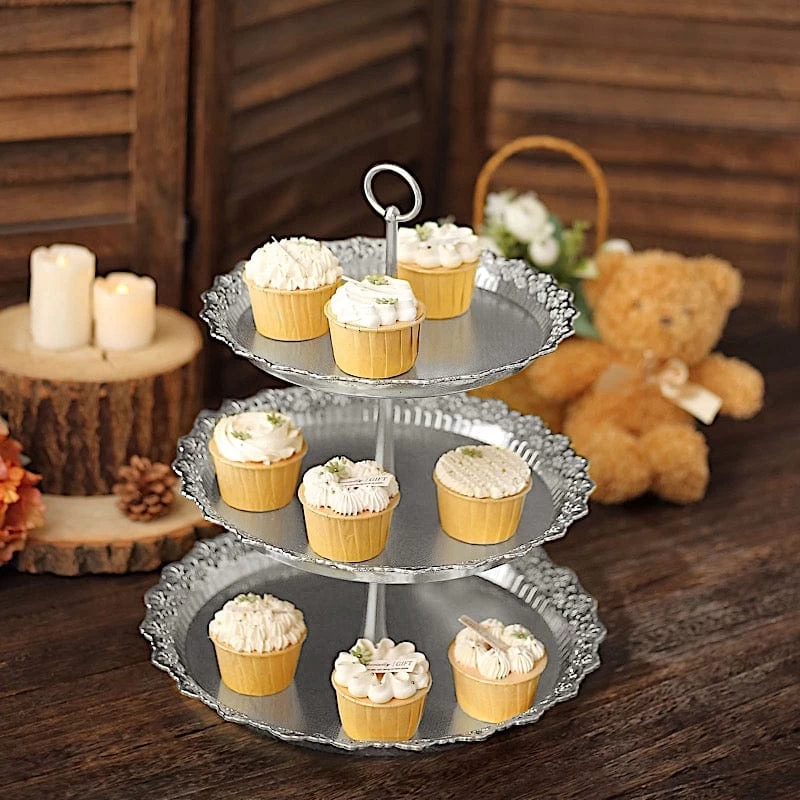 15 In Metallic Gold 3 Tier Plastic Cupcake Stand Round Dessert Display Tower With Lace Cut Trim - Image 18