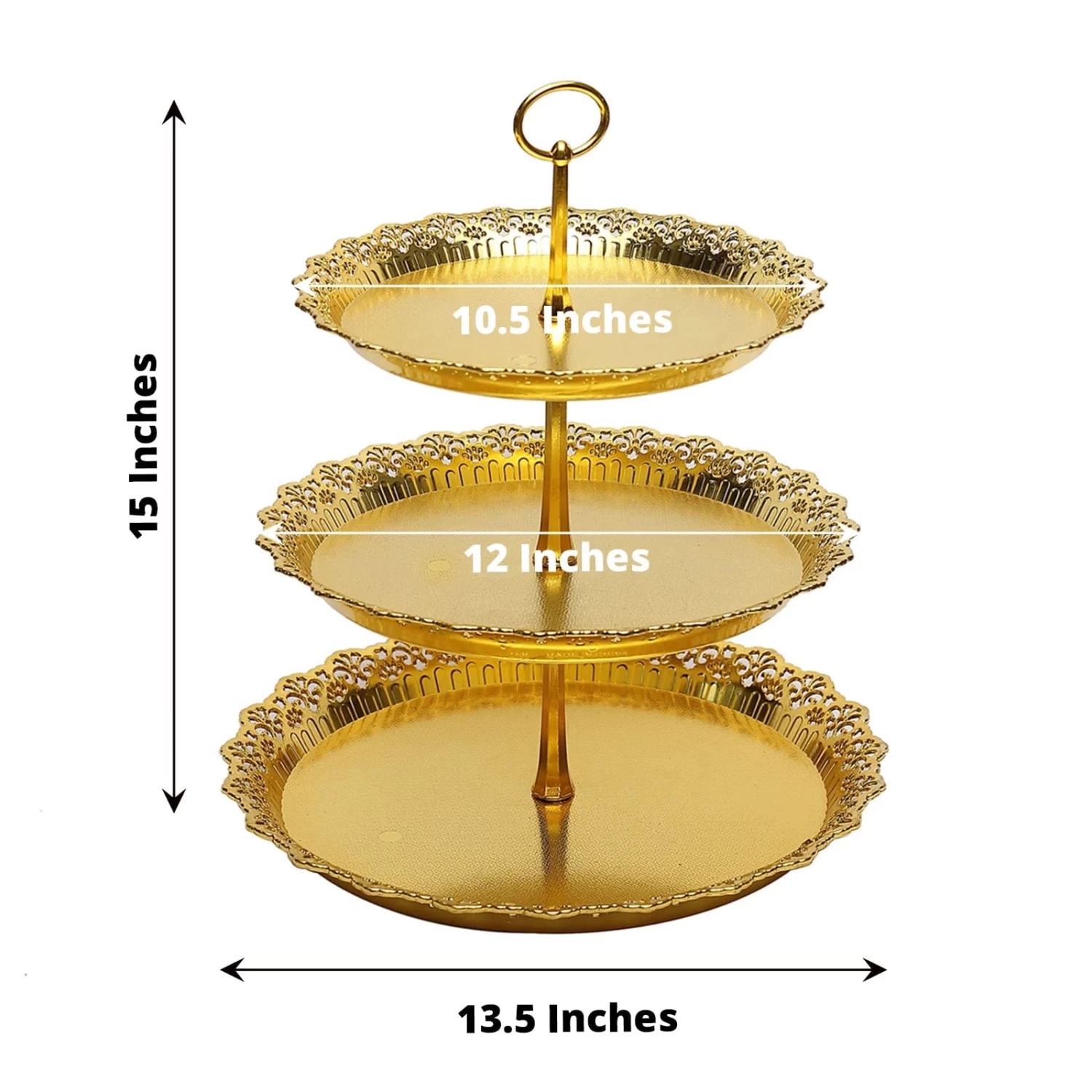 15 In Metallic Gold 3 Tier Plastic Cupcake Stand Round Dessert Display Tower With Lace Cut Trim - Image 5