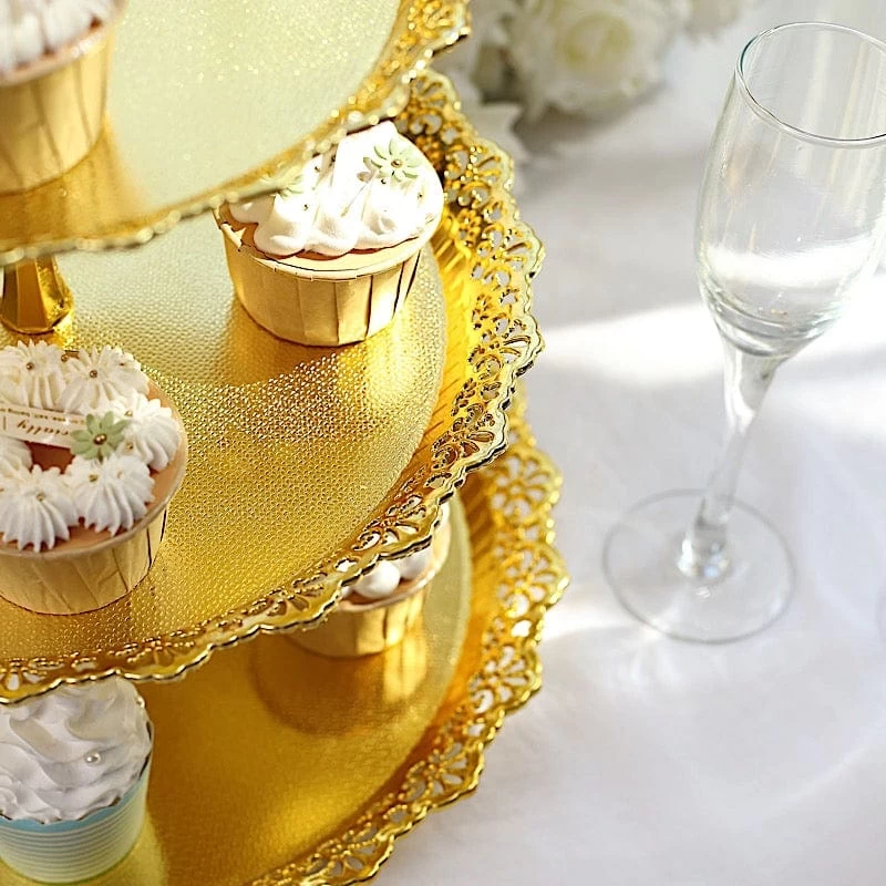 15 In Metallic Gold 3 Tier Plastic Cupcake Stand Round Dessert Display Tower With Lace Cut Trim - Image 4