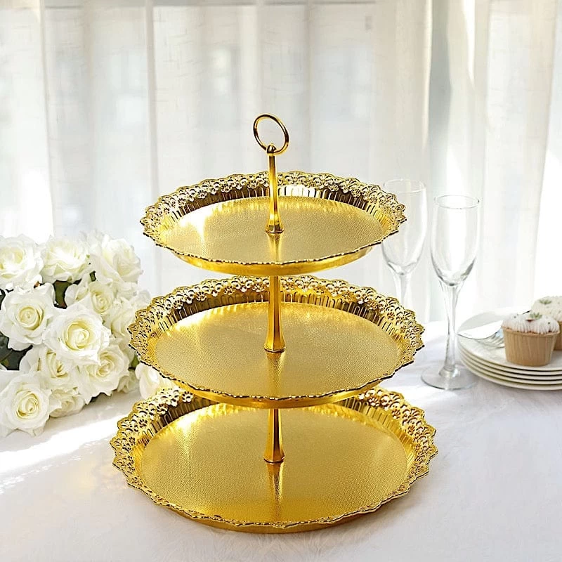 15 In Metallic Gold 3 Tier Plastic Cupcake Stand Round Dessert Display Tower With Lace Cut Trim - Image 8
