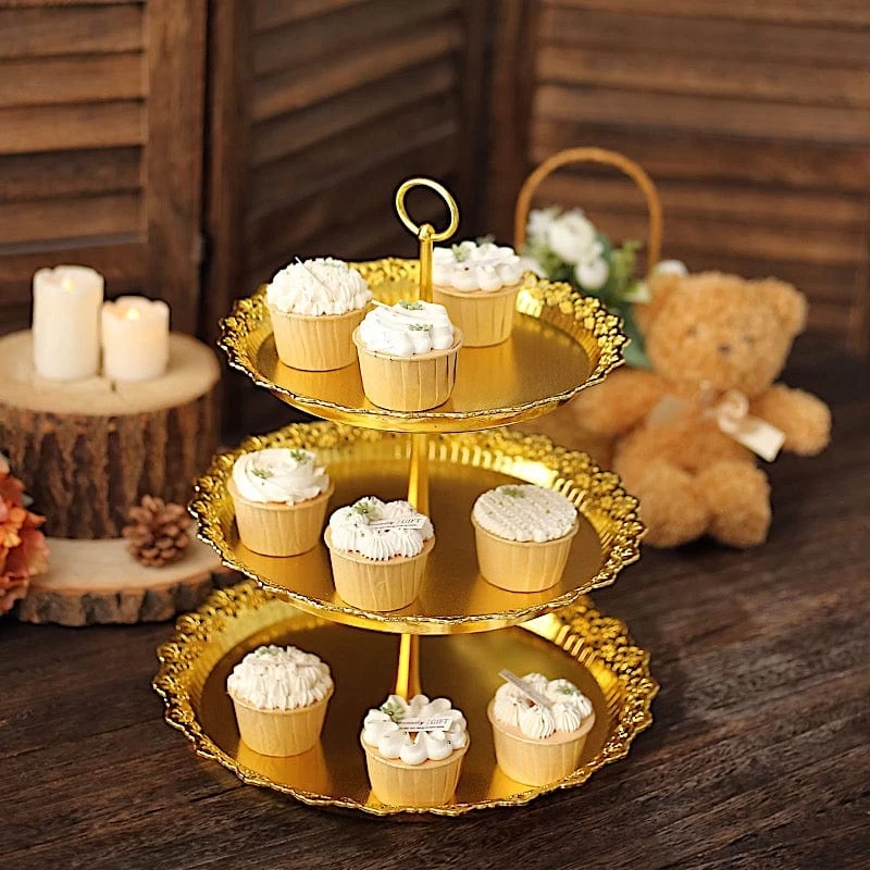 15 In Metallic Gold 3 Tier Plastic Cupcake Stand Round Dessert Display Tower With Lace Cut Trim - Image 2