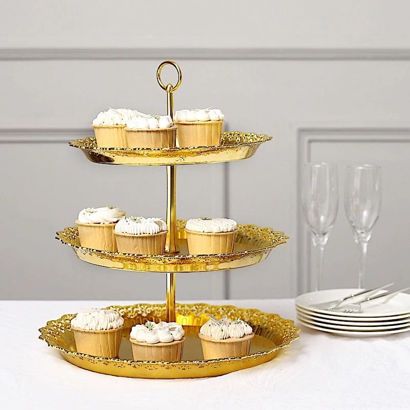 15 In Metallic Gold 3 Tier Plastic Cupcake Stand Round Dessert Display Tower With Lace Cut Trim - Image 3