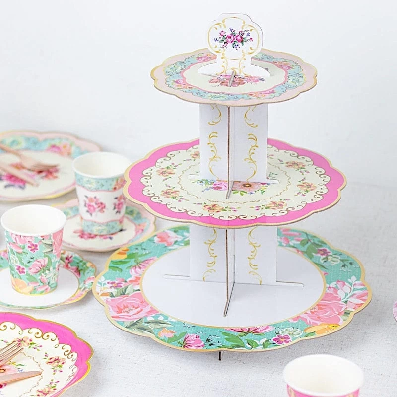 2 Assorted 14 In Round 3 Tier Floral Cupcake Stands Dessert Pedestals - Image 2