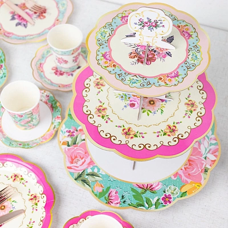 2 Assorted 14 In Round 3 Tier Floral Cupcake Stands Dessert Pedestals - Image 8