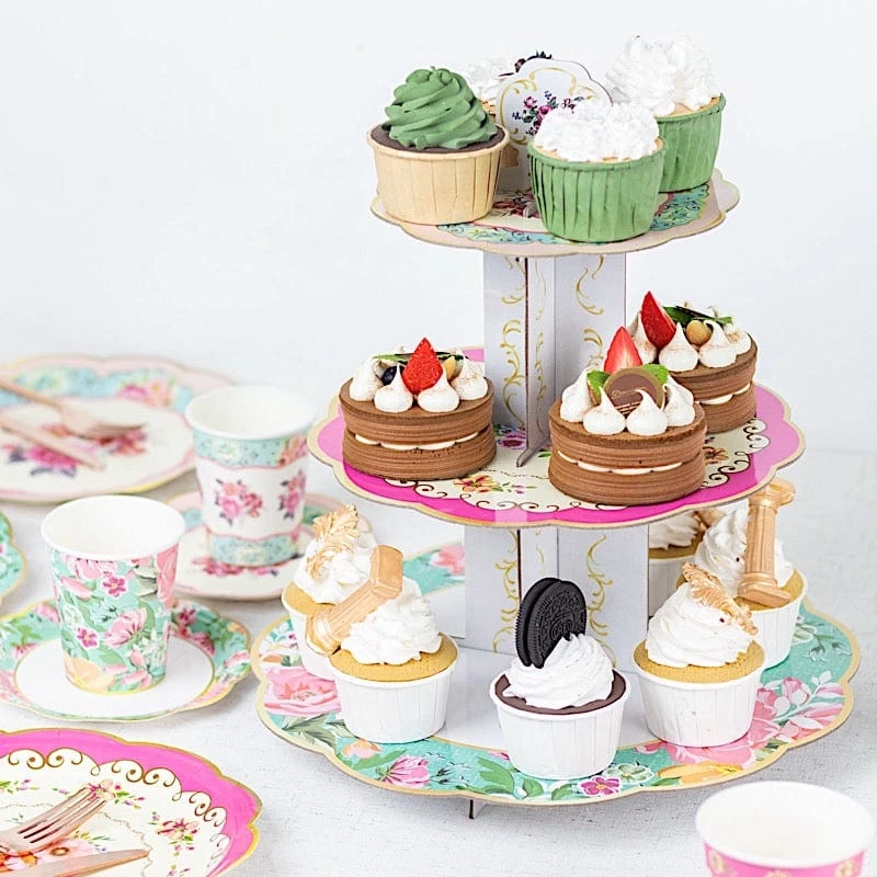 2 Assorted 14 In Round 3 Tier Floral Cupcake Stands Dessert Pedestals - Image 6